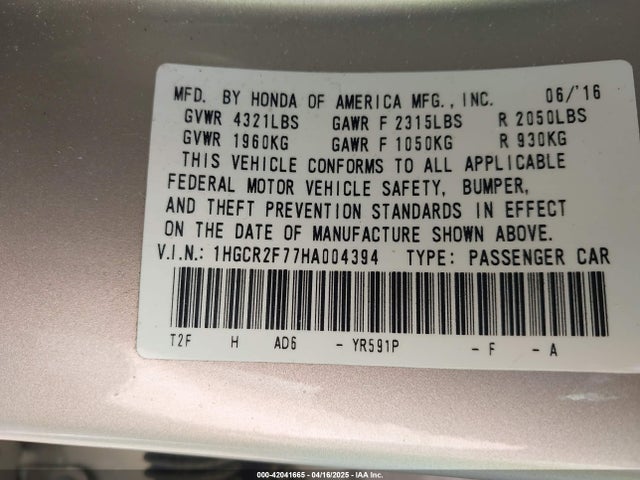 1HGCR2F77HA004394 Honda ACCORD EX