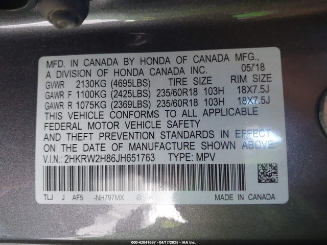 2HKRW2H86JH651763 Honda Cr-v Ex-l/ex-l Navi