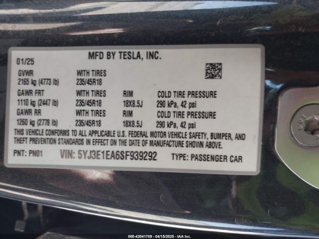 2025 TESLA MODEL 3 5YJ3E1EA6SF939292 Photo 8