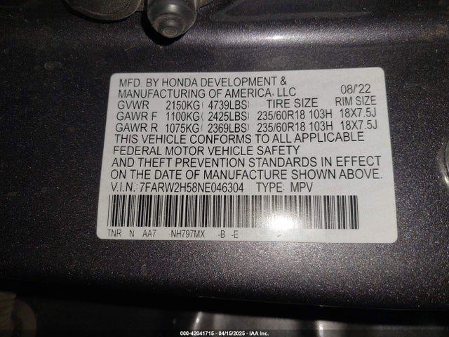 7FARW2H58NE046304 Honda Cr-v Awd Ex