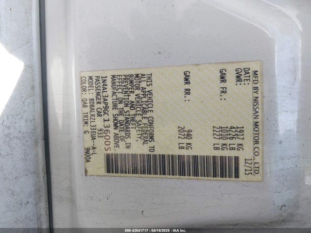 1N4AL3AP9GC136005 Nissan Altima 2.5 Sl