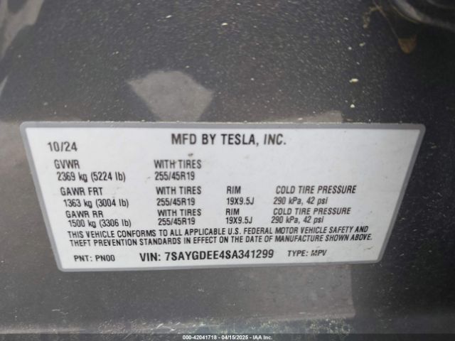 7SAYGDEE4SA341299 Tesla Model Y Long Range Dual Motor All-wheel Drive