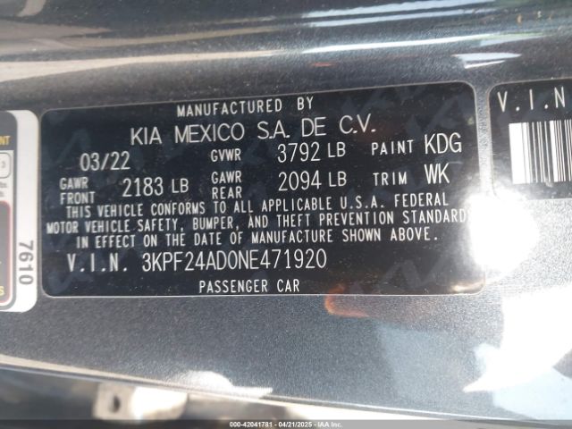 3KPF24AD0NE471920 KIA Forte Lxs