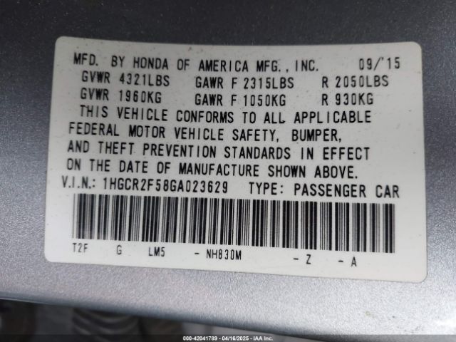 1HGCR2F58GA023629 Honda Accord Sport