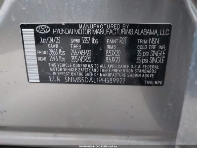 5NMS5DAL1PH589922 Hyundai Santa Fe Calligraphy