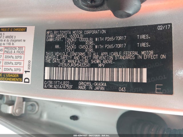 JTEBU5JR3H5433541 Toyota 4runner Sr5 Premium