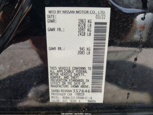 1N4BL4EV6NN357646 Nissan Altima Sl Fwd