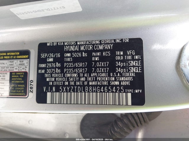 5XYZTDLB8HG465425 Hyundai Santa Fe Sport 2.4l