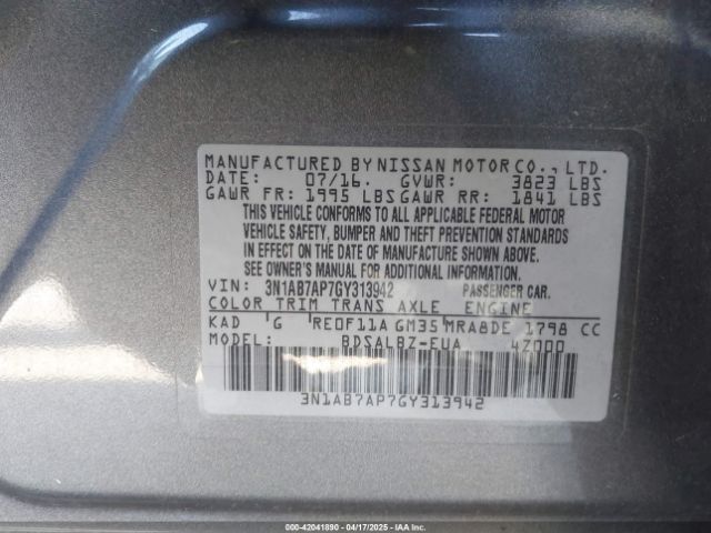 3N1AB7AP7GY313942 Nissan SENTRA S