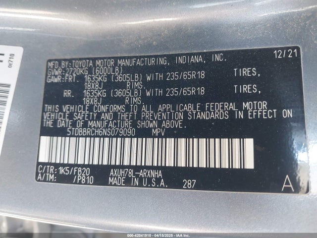 Toyota Highlander Hybrid Le 2022 5TDBBRCH6NS079090 Image 9