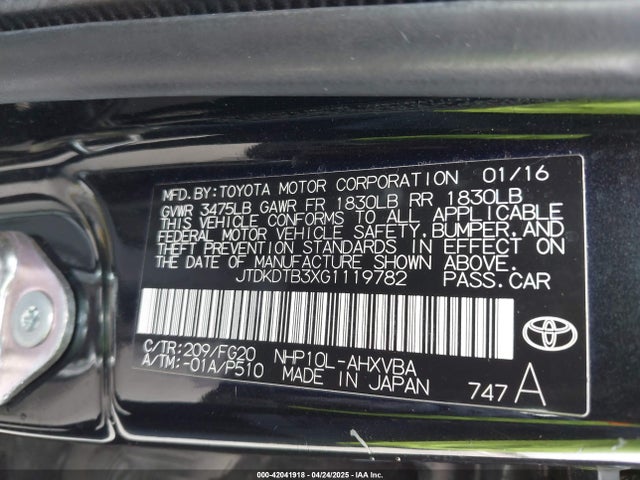 JTDKDTB3XG1119782 Toyota Prius C Two