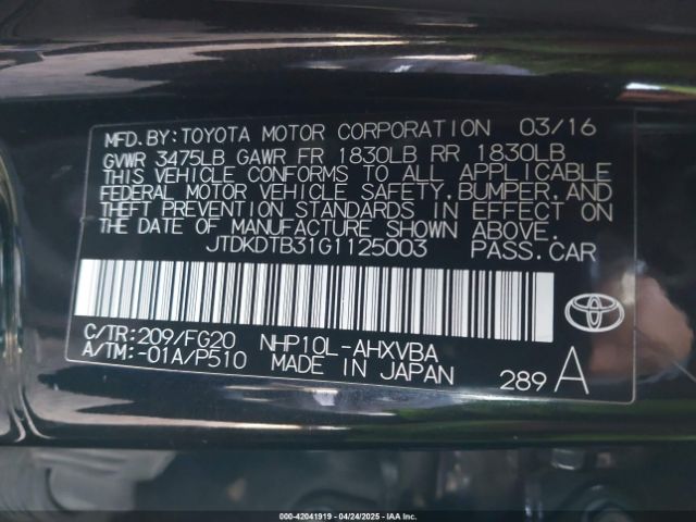 JTDKDTB31G1125003 Toyota Prius C Two