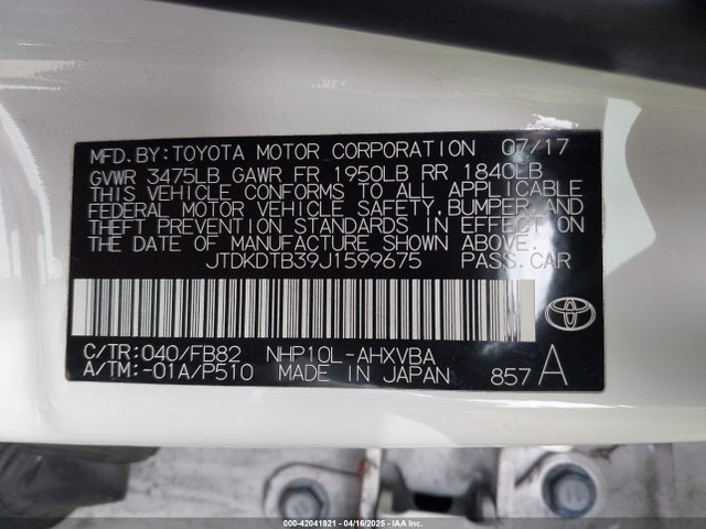 JTDKDTB39J1599675 Toyota Prius C Two