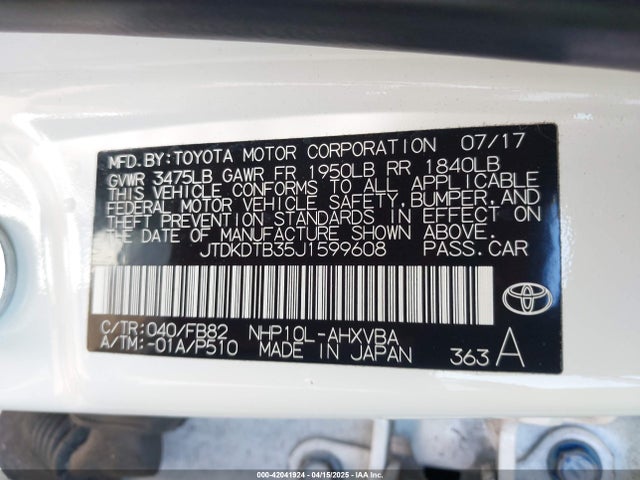 JTDKDTB35J1599608 Toyota Prius C Two