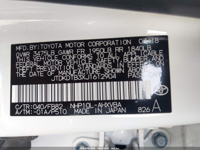 JTDKDTB3XJ1612904 Toyota Prius C Two