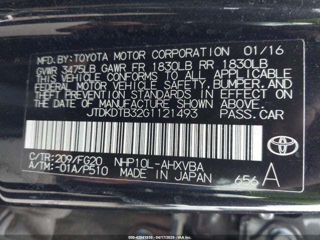 JTDKDTB32G1121493 Toyota Prius C Two