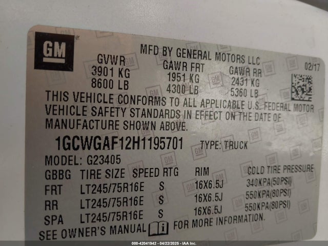1GCWGAF12H1195701 Chevrolet Express 2500 Work Van