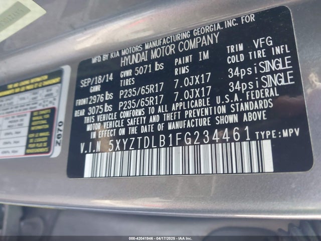 5XYZTDLB1FG234461 Hyundai Santa Fe Sport 2.4l