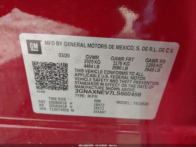 3GNAXNEV7LS660459 Chevrolet Equinox Fwd Premier 1.5l Turbo