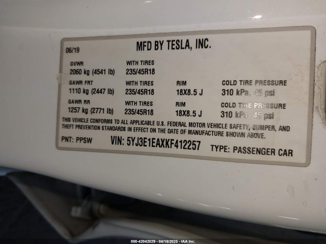 2019 TESLA MODEL 3 5YJ3E1EAXKF412257 Photo 8