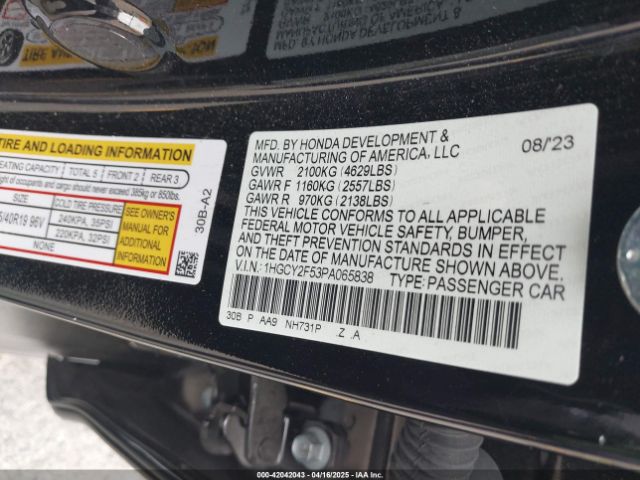 1HGCY2F53PA065838 Honda Accord Hybrid Sport