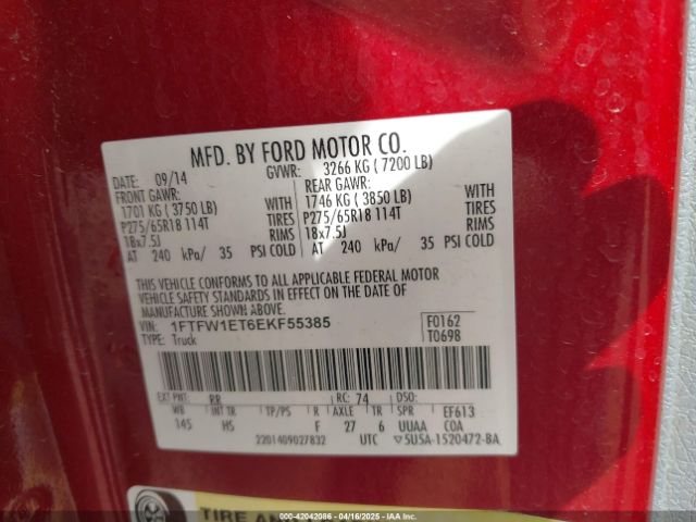 1FTFW1ET6EKF55385 Ford F-150 Lariat