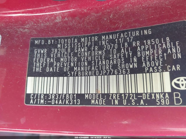 Toyota COROLLA LE 2018 5YFBURHE0JP776363 Image 9