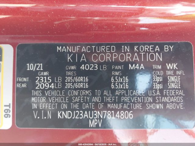 KNDJ23AU3N7814806 KIA SOUL LX