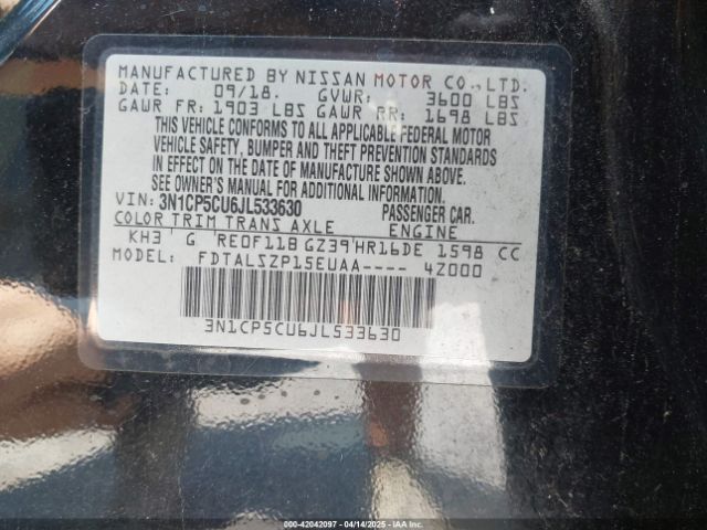 3N1CP5CU6JL533630 Nissan KICKS SV