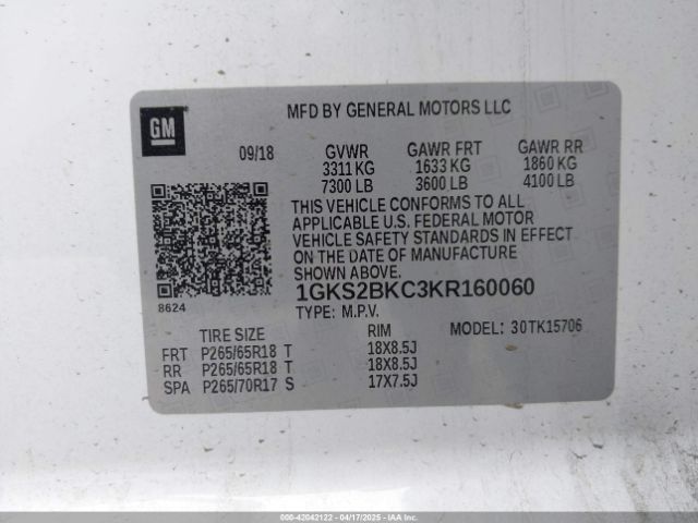 1GKS2BKC3KR160060 GMC YUKON SLT