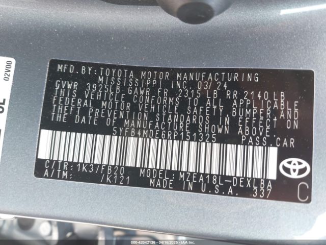 5YFB4MDE6RP151325 Toyota COROLLA LE