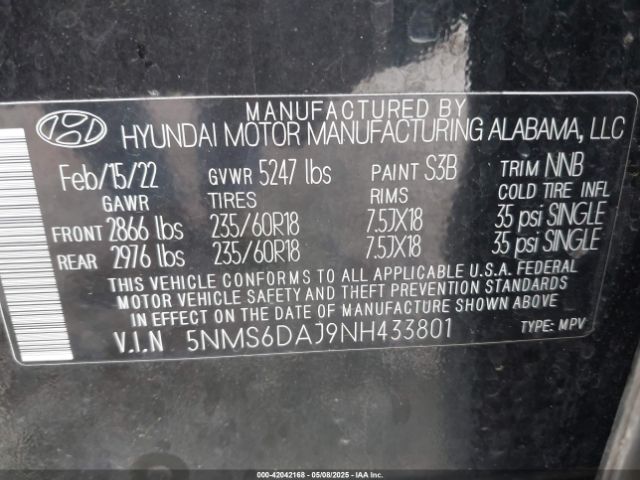 5NMS6DAJ9NH433801 Hyundai Santa Fe Xrt