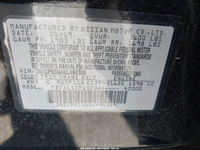3N1CP5CU4KL494389 Nissan 2019