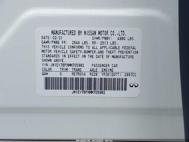 JN1EV7BPXMM705982 Infiniti 3.0l t
