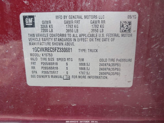 1GCVKREC5FZ330681 Chevrolet Silverado 1500 1lt