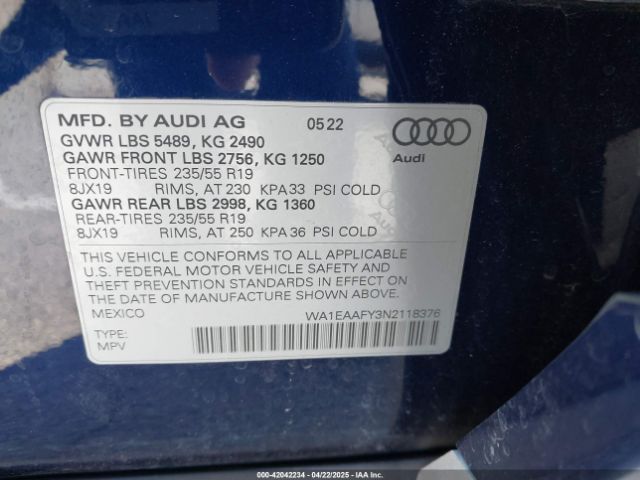 WA1EAAFY3N2118376 Audi Q5 Premium Plus 45 Tfsi S Line Quattro S Tronic