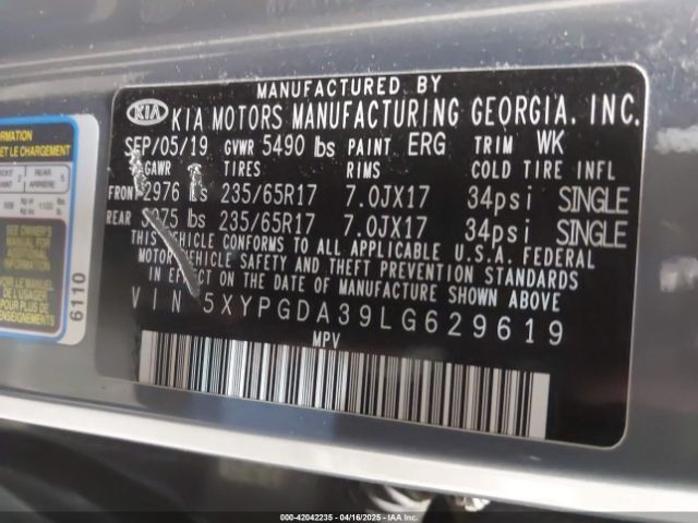 5XYPGDA39LG629619 KIA Sorento 2.4l Lx