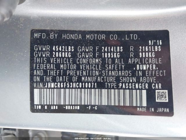 JHMCR6F53HC010071 Honda Accord Hybrid Ex-l