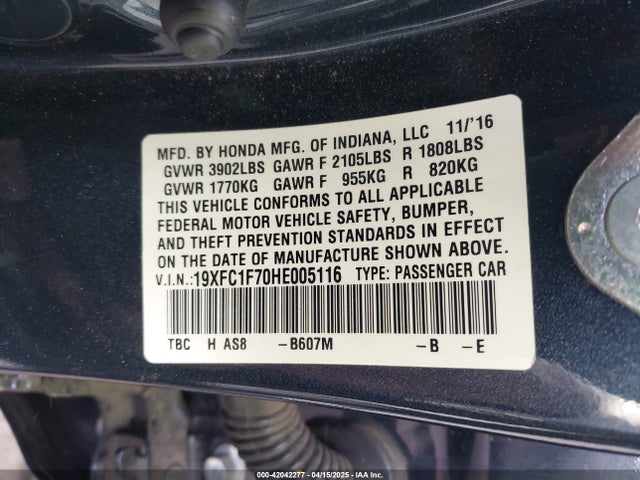 Honda Civic Ex-l 2017 19XFC1F70HE005116 Image 9