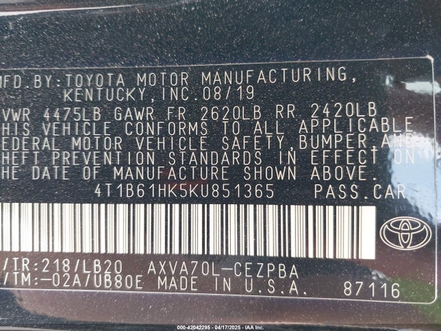 4T1B61HK5KU851365 Toyota CAMRY XSE