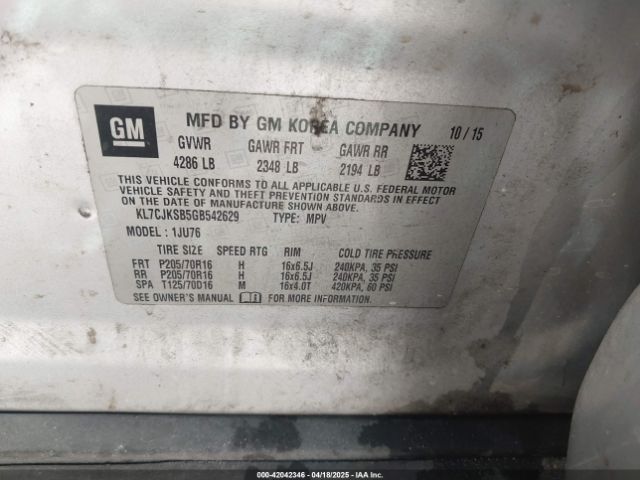 KL7CJKSB5GB542629 Chevrolet Trax 1ls
