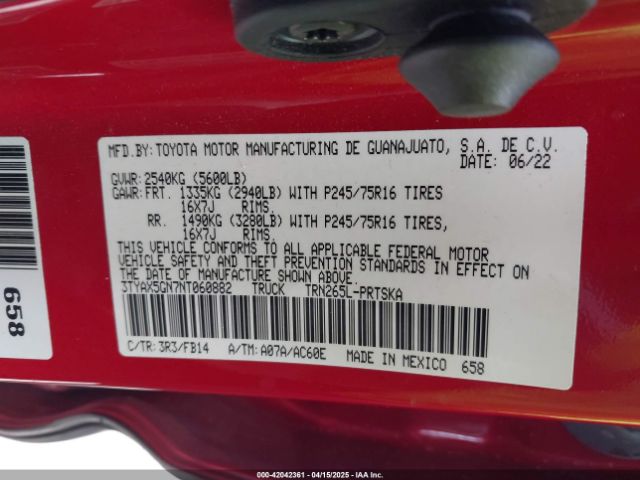 3TYAX5GN7NT060882 Toyota Tacoma Sr