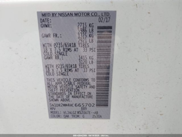 5N1DR2MM4HC665702 Nissan Pathfinder Sl