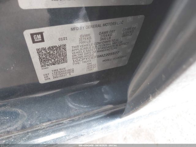 1GCPYCEF5MZ205577 Chevrolet Silverado 1500 4wd  Short Bed Custom Trail Boss