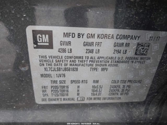 KL7CJLSB1JB581828 Chevrolet Trax Lt