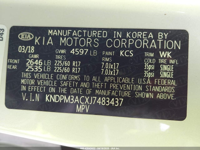 KNDPM3ACXJ7483437 KIA Sportage Lx