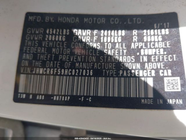 JHMCR6F59HC027036 Honda Accord Hybrid Ex-l