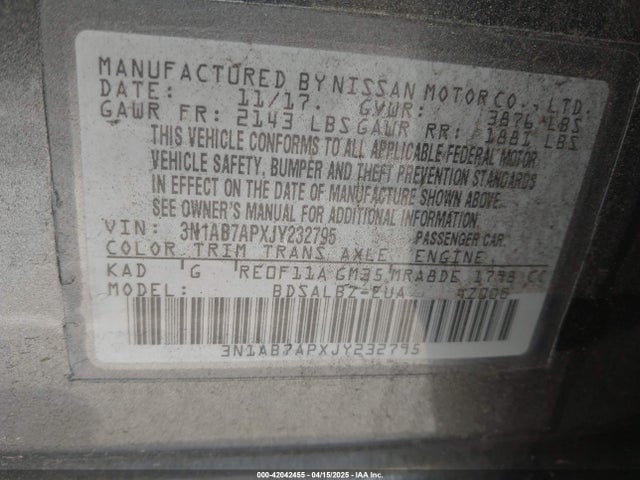 3N1AB7APXJY232795 Nissan SENTRA S