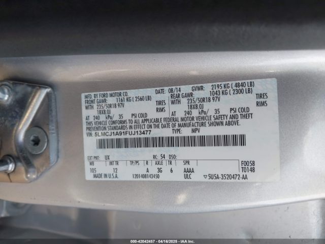 5LMCJ1A91FUJ13477 Lincoln MKC