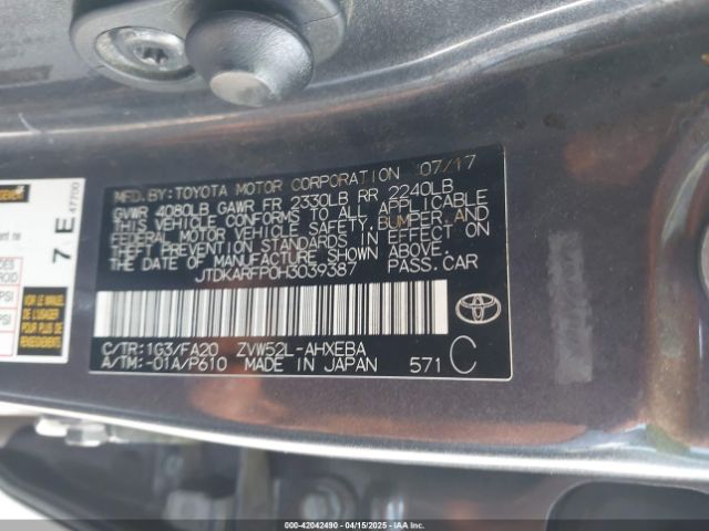 JTDKARFP0H3039387 Toyota 2zr-fxe+1nm